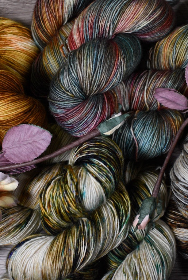 Cashmere, merino and silk blend hand dyed yarn in various colours.