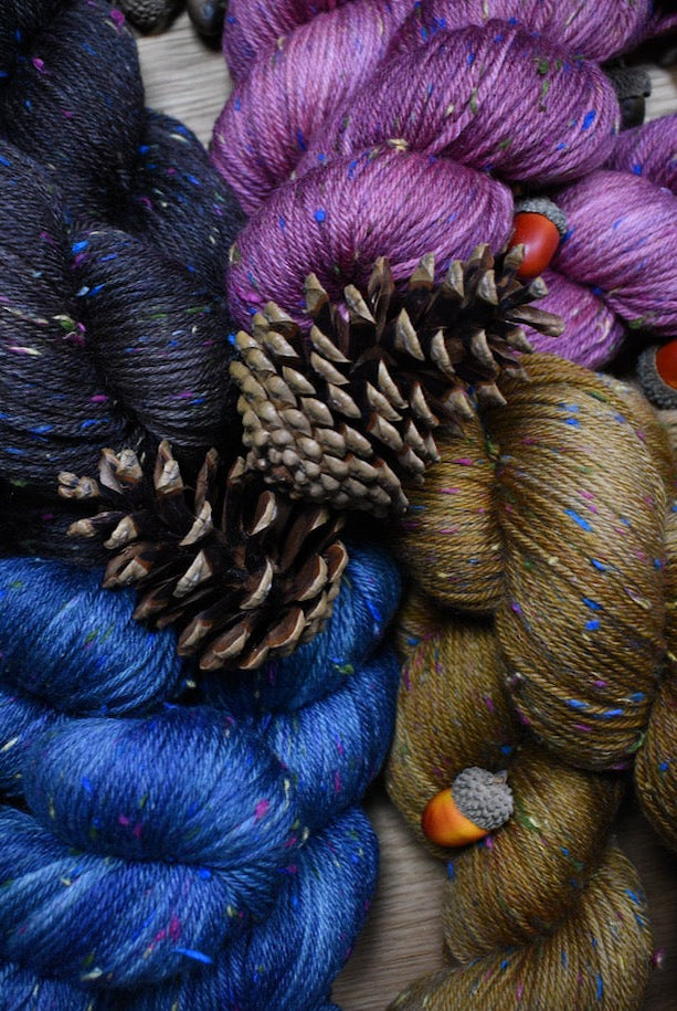 Hand dyed dk weight, merino wool tweed yarn.