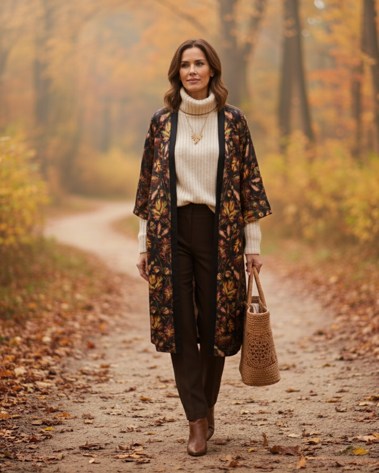 Woman walking in a forest during autumn, wearing a patterned coat and holding a bag.