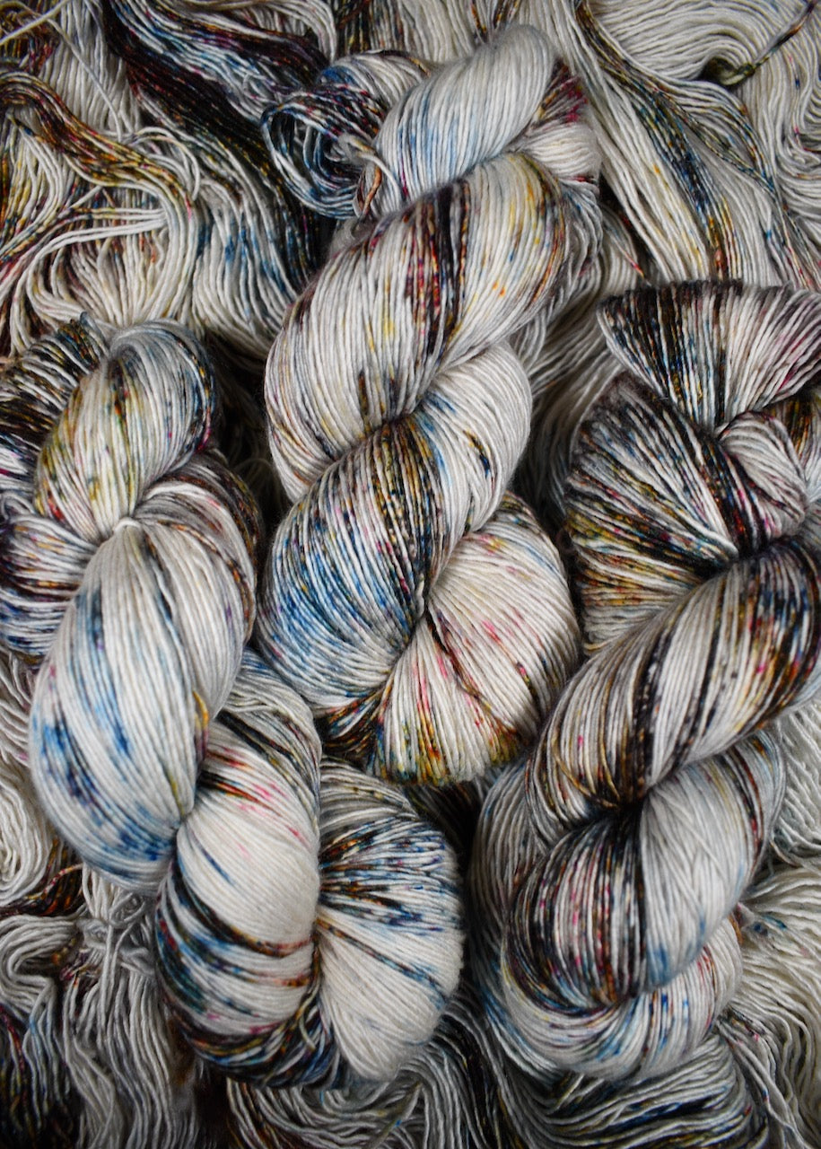 Speckled hand dyed cashere silk merino yarn.