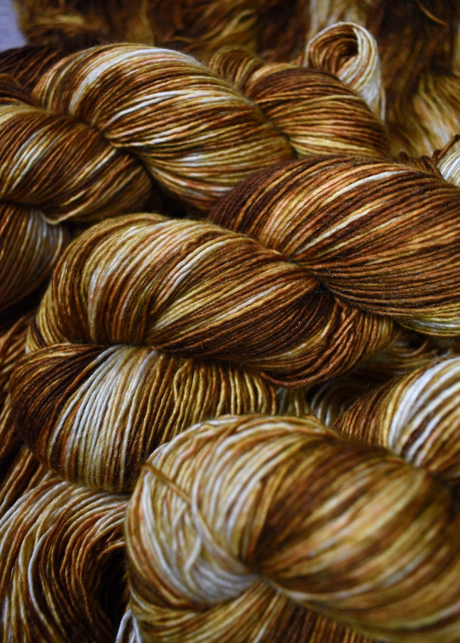 Merino, cashmere, silk hand dyed yarn colour yellow.