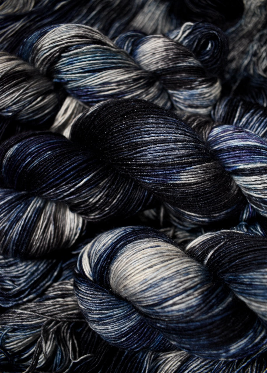Cashmere, silk blue and gray hand dyed yarn.