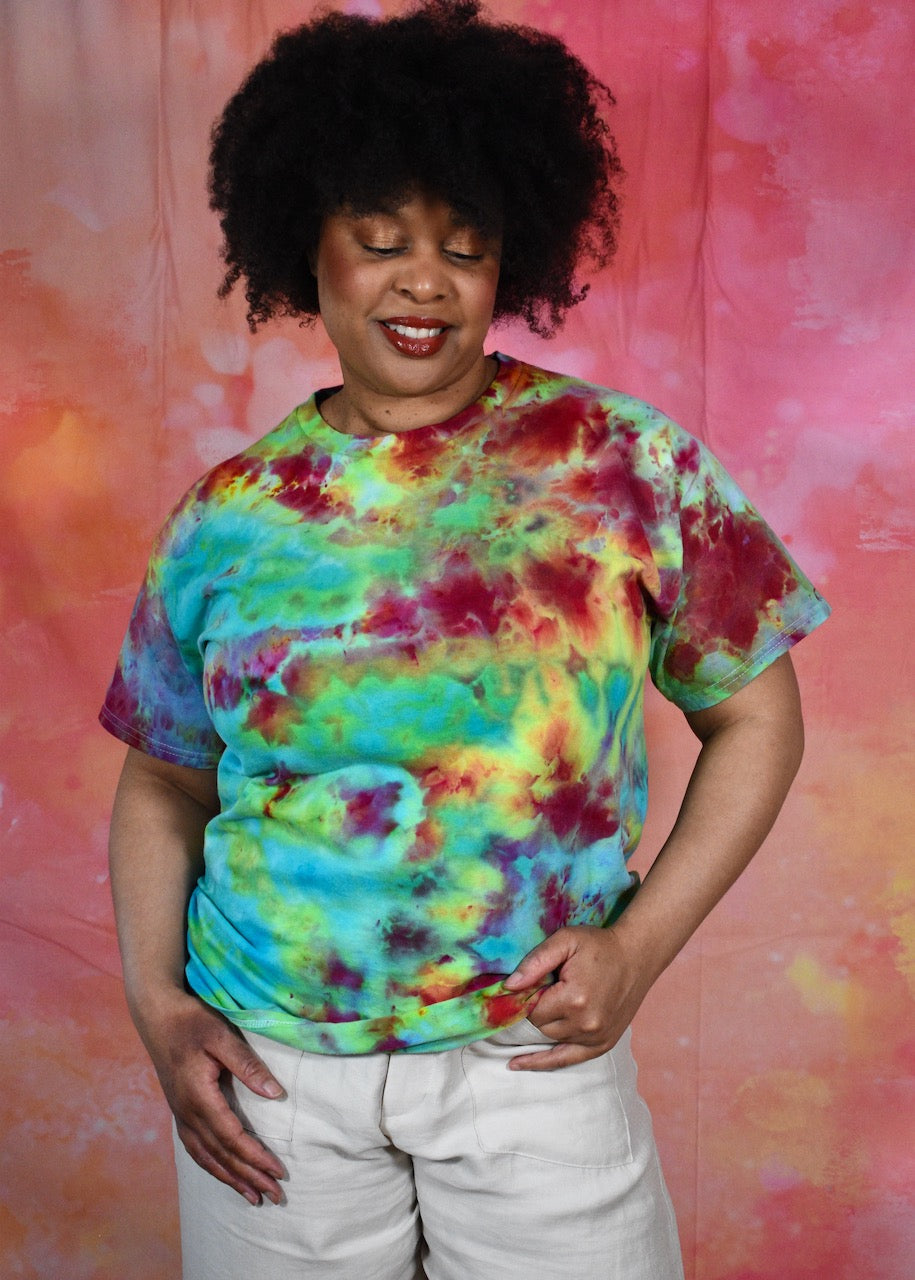 Bright rainbow colour hand dyed cotton t-shirt.
