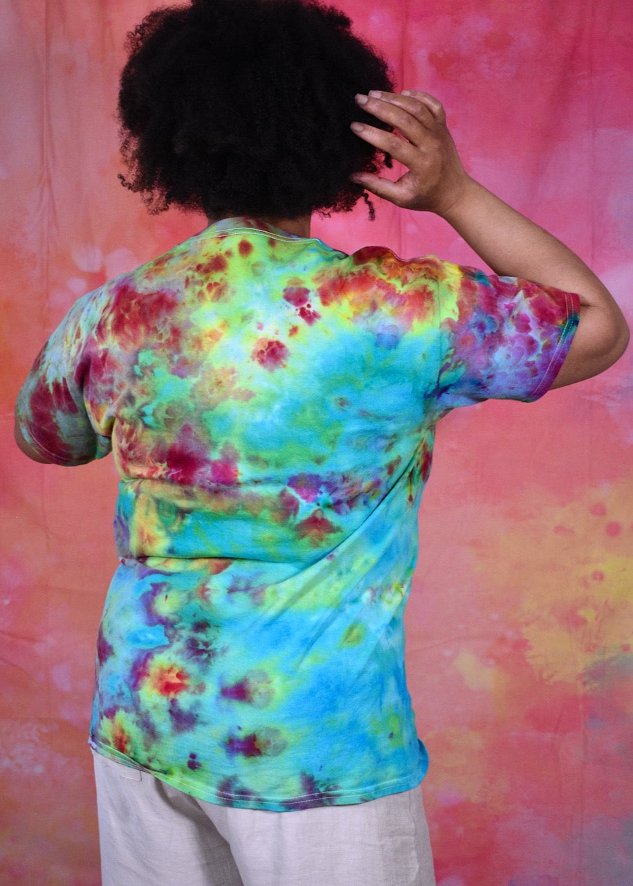 Bright rainbow colour hand dyed cotton t-shirt.