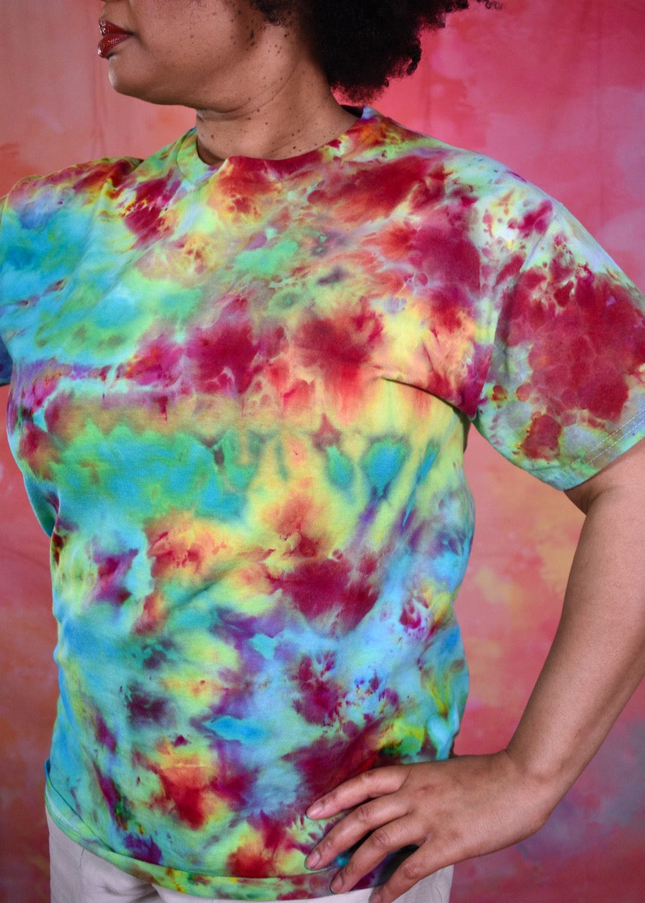 Bright rainbow colour hand dyed cotton t-shirt.