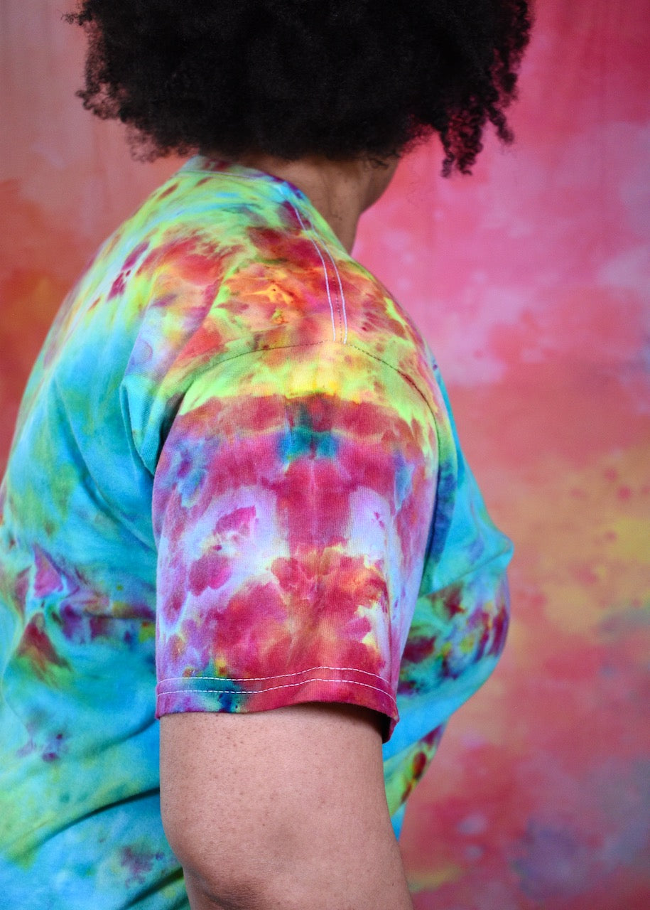 Bright rainbow colour hand dyed cotton t-shirt.