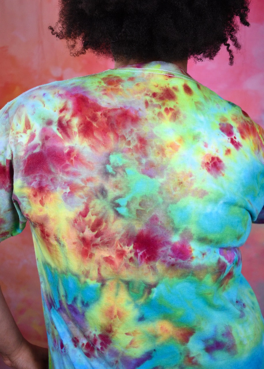 Bright rainbow colour hand dyed cotton t-shirt.