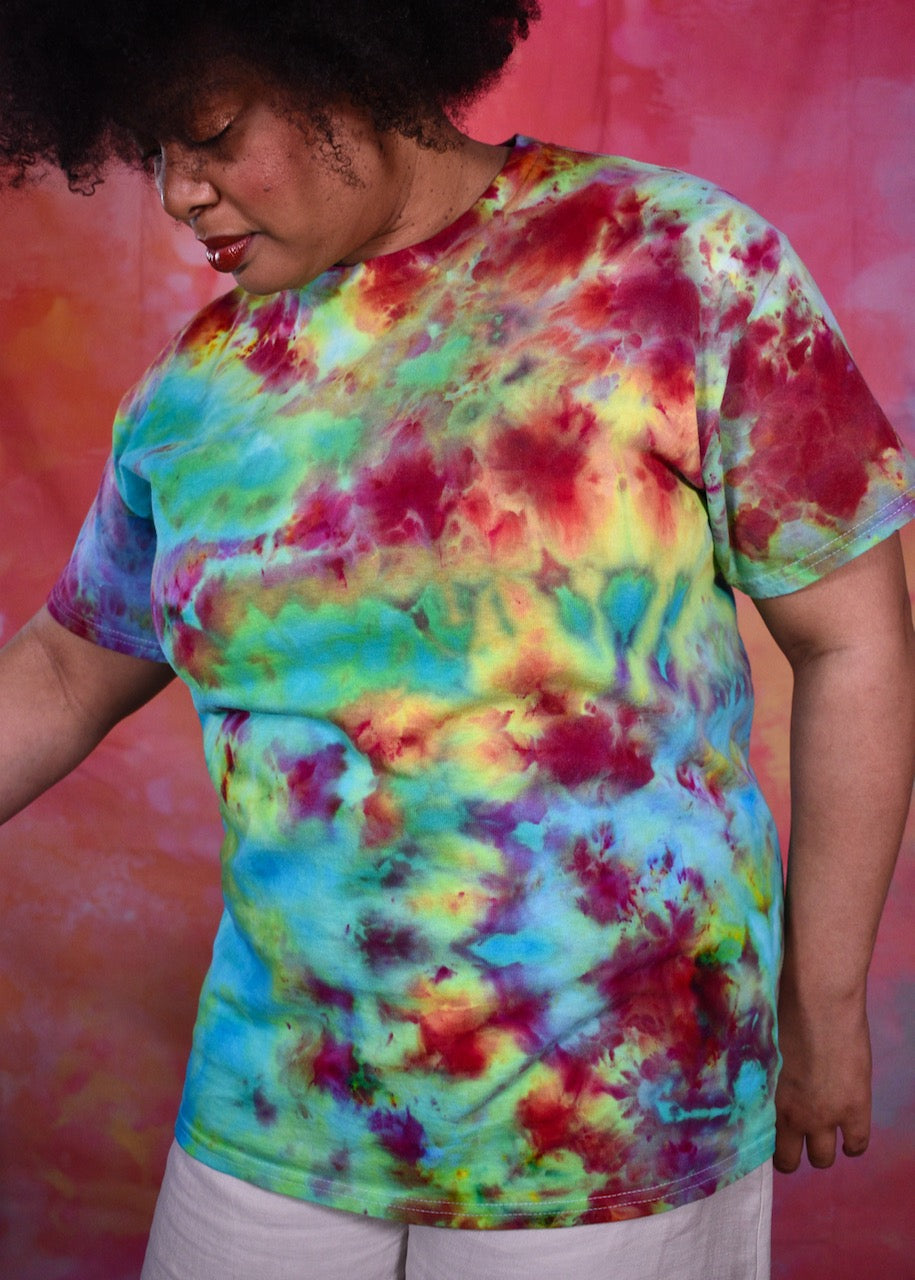 Bright rainbow colour hand dyed cotton t-shirt.