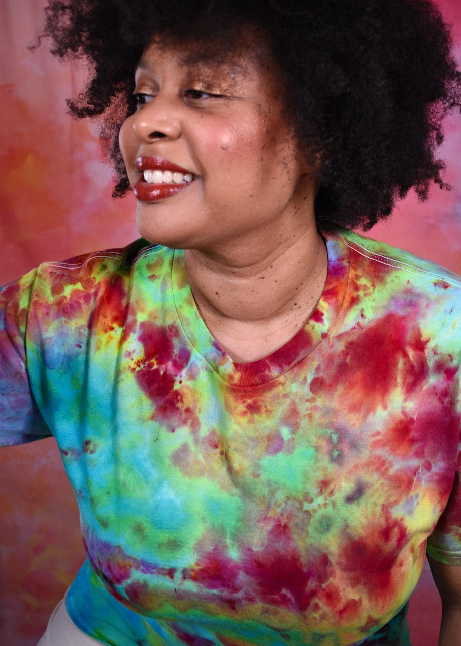 Bright rainbow colour hand dyed cotton t-shirt.