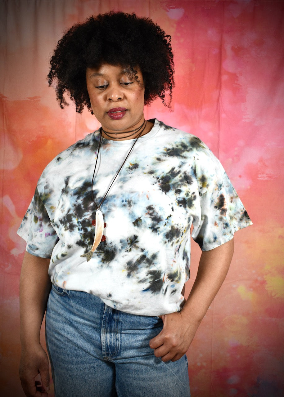 Hand dyed cotton t-shirt in smoky gray blue colours.