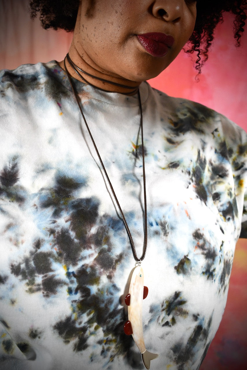 Hand dyed cotton t-shirt in smoky gray blue colours.