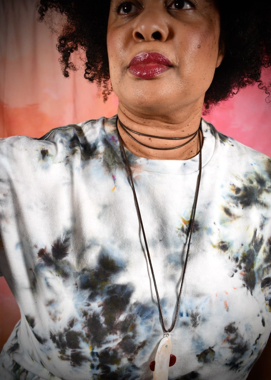 Hand dyed cotton t-shirt in smoky gray blue colours.