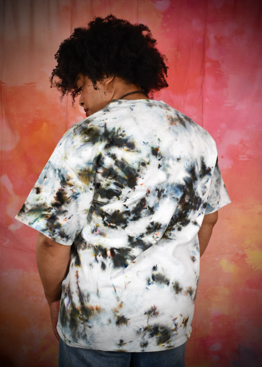 Hand dyed cotton t-shirt in smoky gray blue colours.