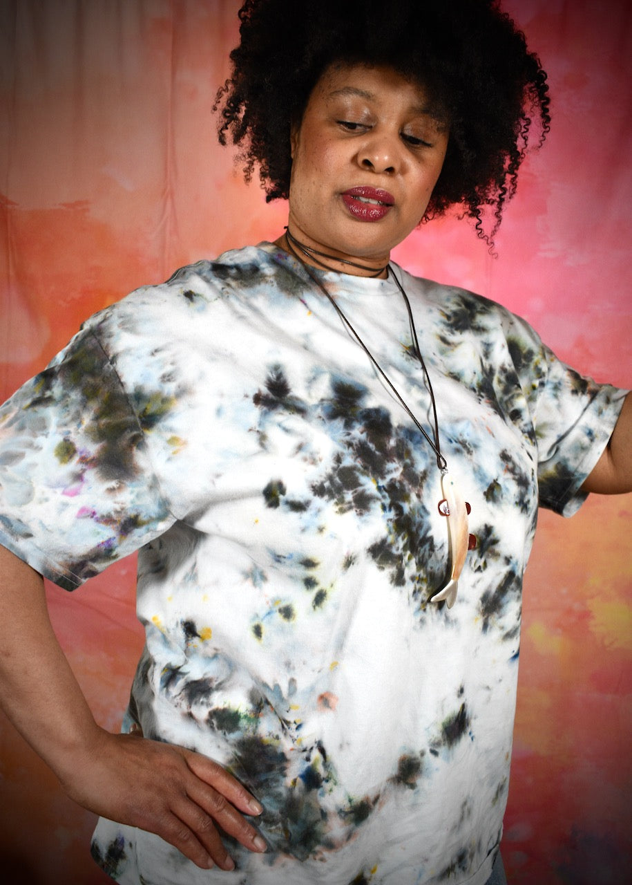 Hand dyed cotton t-shirt in smoky gray blue colours.