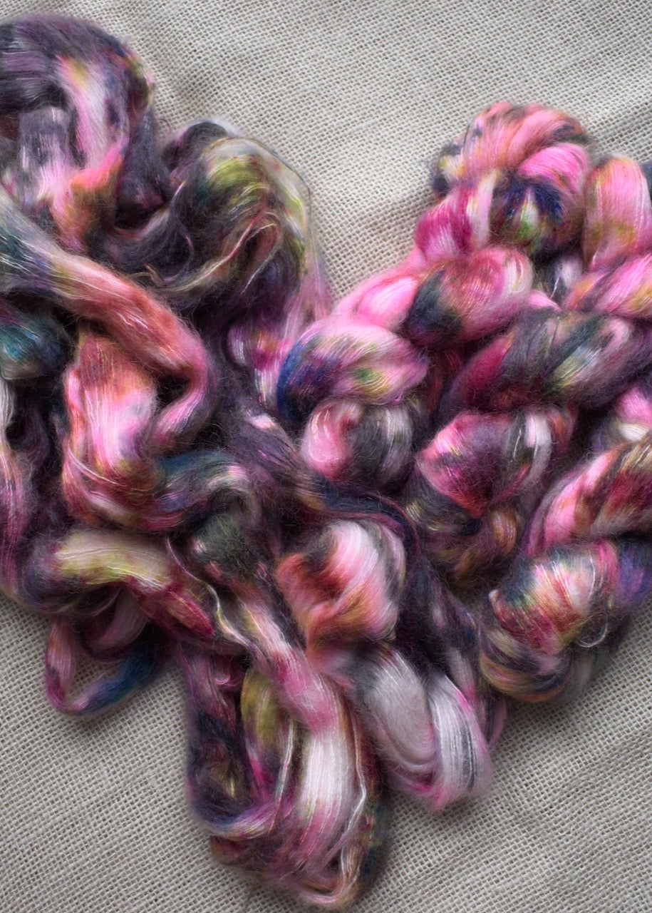 Hand dyed mohair, lace weight yarn, colour Garden Party.