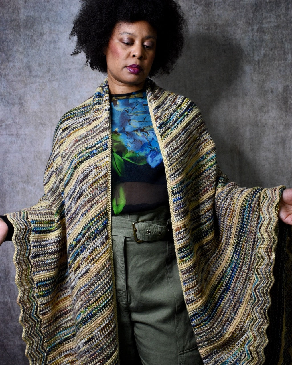 Hand knitting shawl pattern with stripe colours slip stitch design.