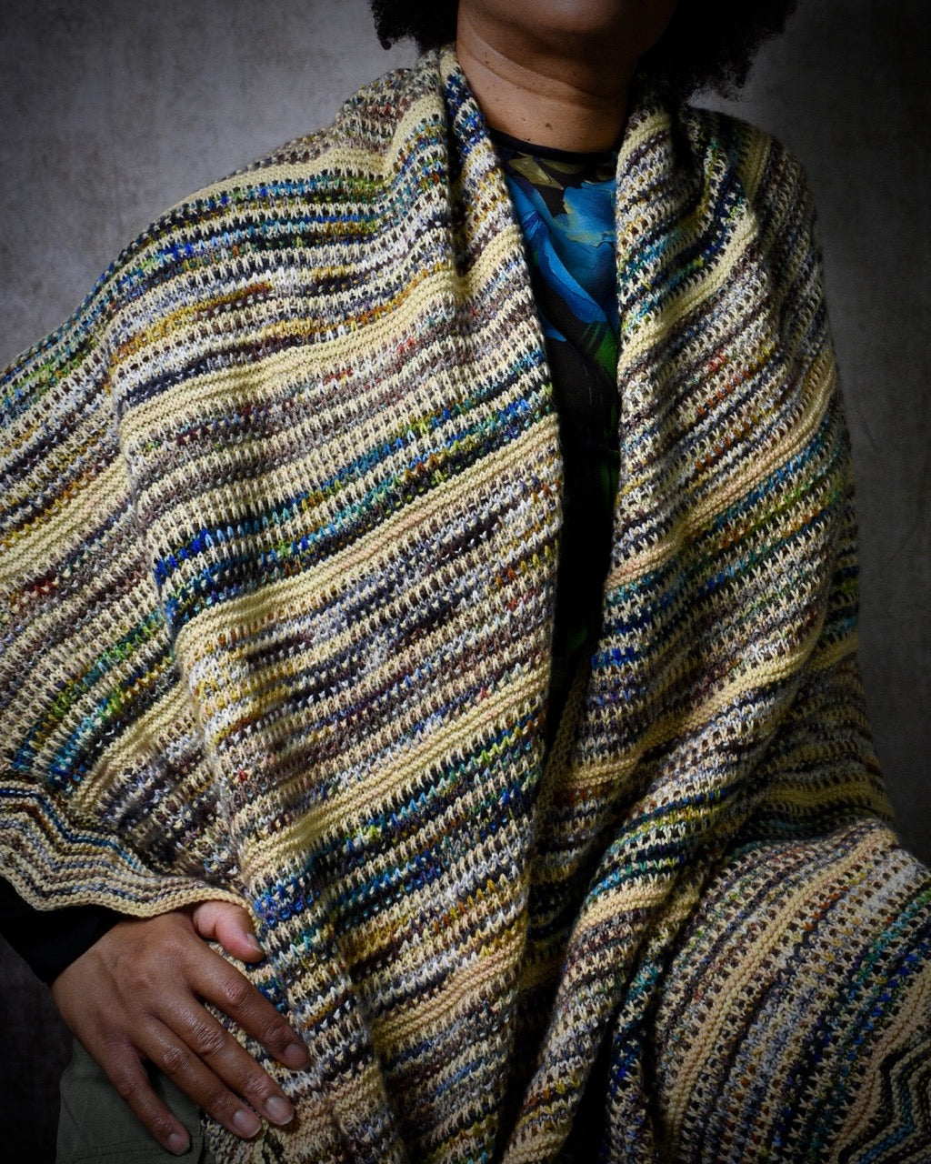 Hand knitting shawl pattern with stripe colours slip stitch design.