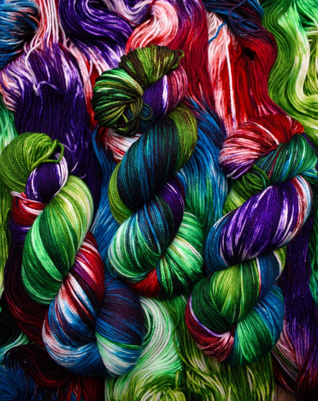 Green blue red merino sock yarn hand dyed.