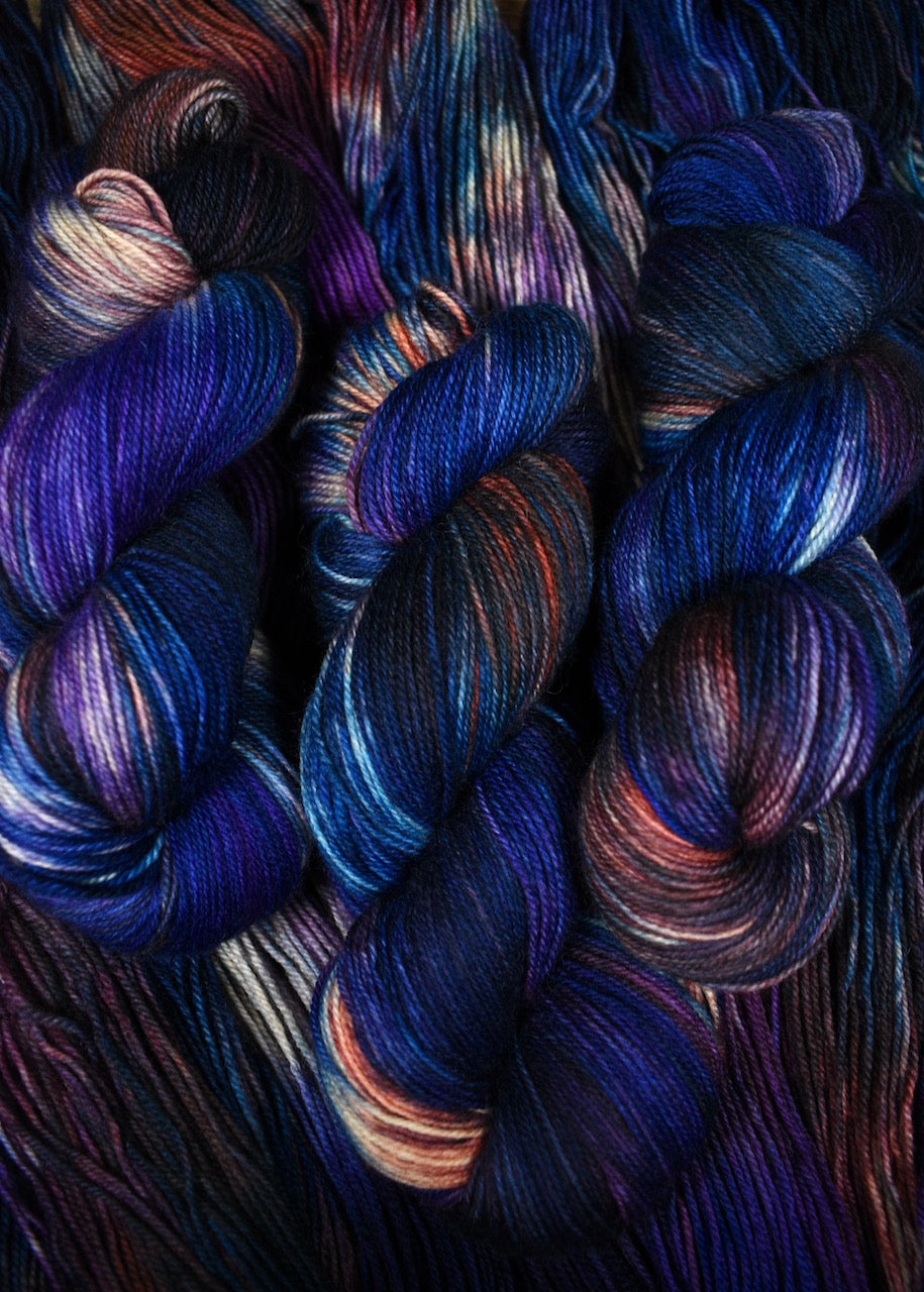 Blue purple and pink yarn sock weight wool hand dyed.