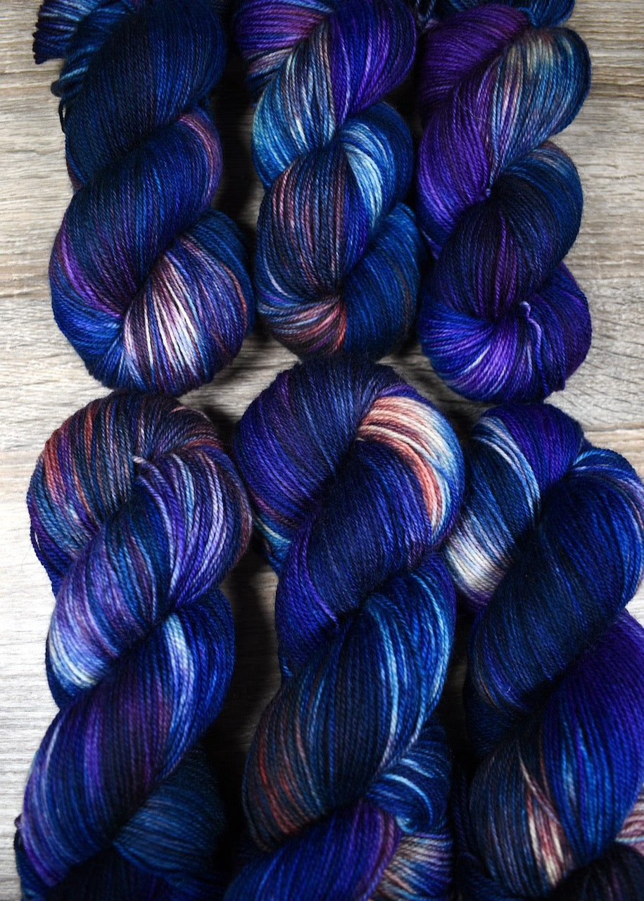 Blue purple and pink yarn sock weight wool hand dyed.