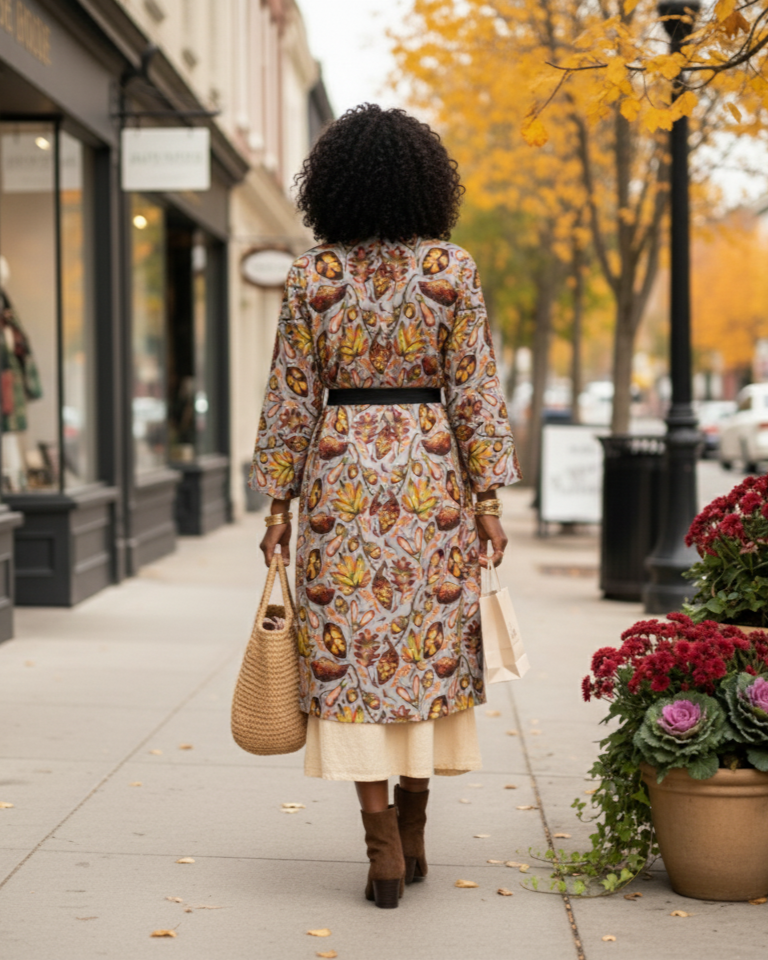 Woman walking down a street in an autumn setting with fall foliage and decorative plants.