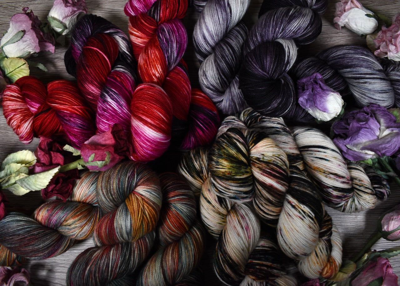 Merino and cashmere blend sock yarn hand dyed in various colours.