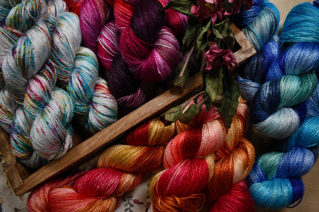 Hand dyed bamboo sock yarn in a variety of colours.