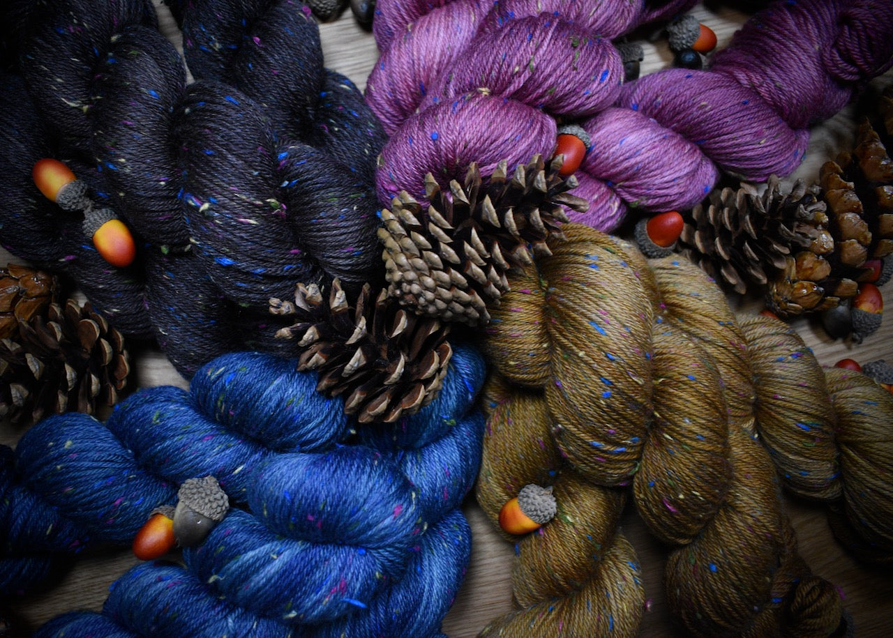 Hand dyed dk weight, merino wool tweed yarn.