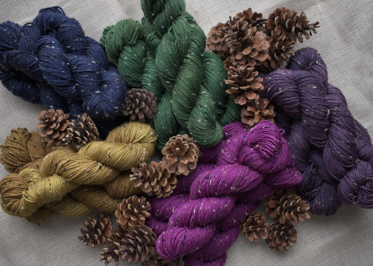 Hand dyed dk weight, merino wool tweed yarn.