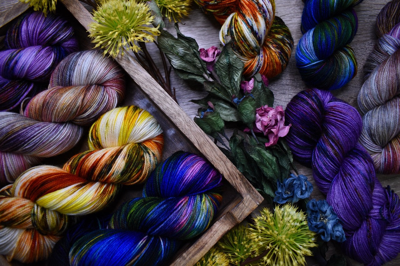 Merino sock yarn in various hand dyed colours.