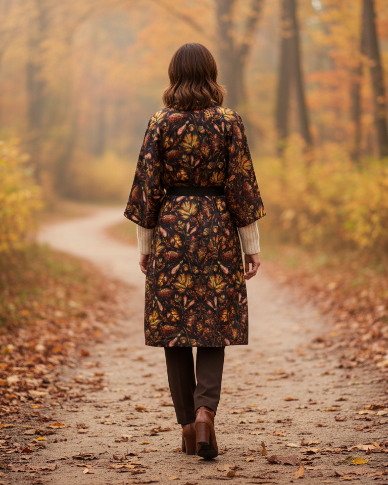 Woman walking away on a path in a forest during autumn