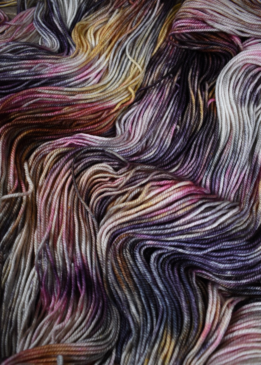 Pink and gray merino cashmere sock yarn hand dyed.