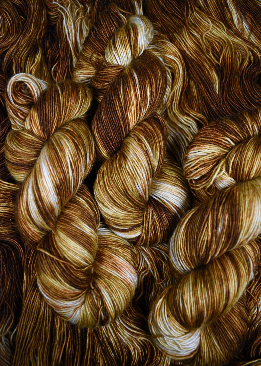 Merino, cashmere, silk hand dyed yarn colour yellow.