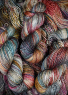 Hand dyed merino cashmere silk yarn in rainbow colours.