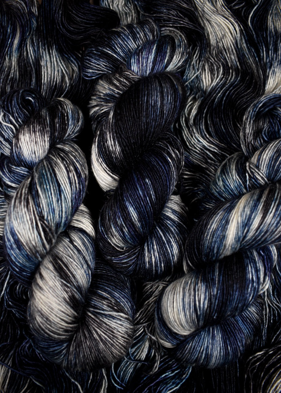 Cashmere, silk blue and gray hand dyed yarn.