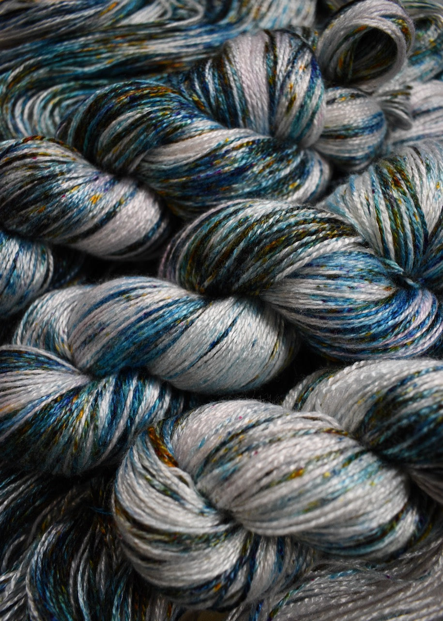 Hand dyed bamboo sock yarn.
