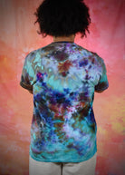 Hand dyed cotton unisex t-shirt bright blue green and red colours.