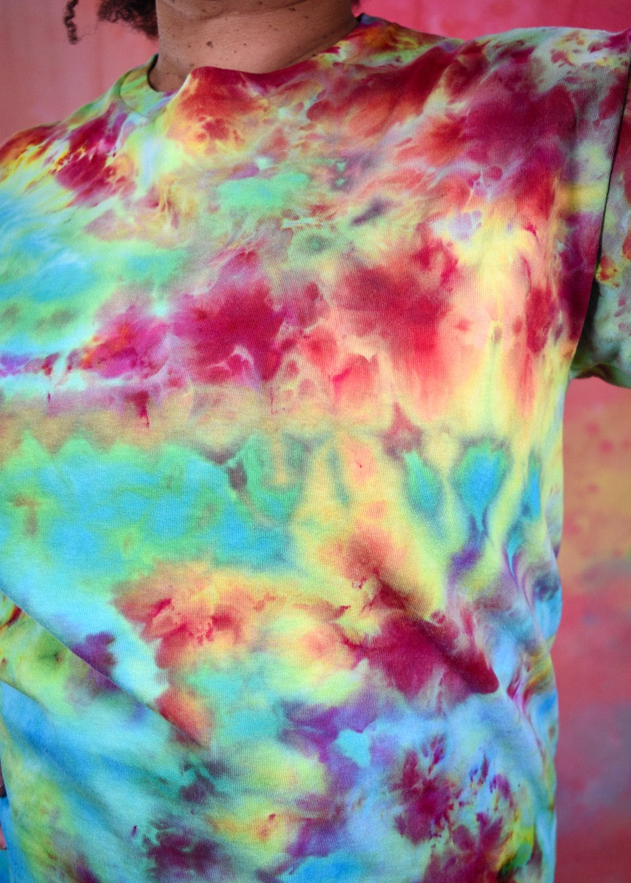 Bright rainbow colour hand dyed cotton t-shirt.