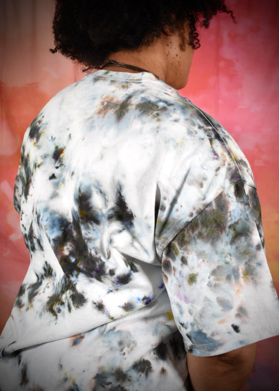 Hand dyed cotton t-shirt in smoky gray blue colours.