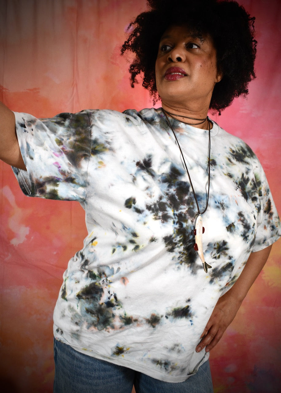 Hand dyed cotton t-shirt in smoky gray blue colours.