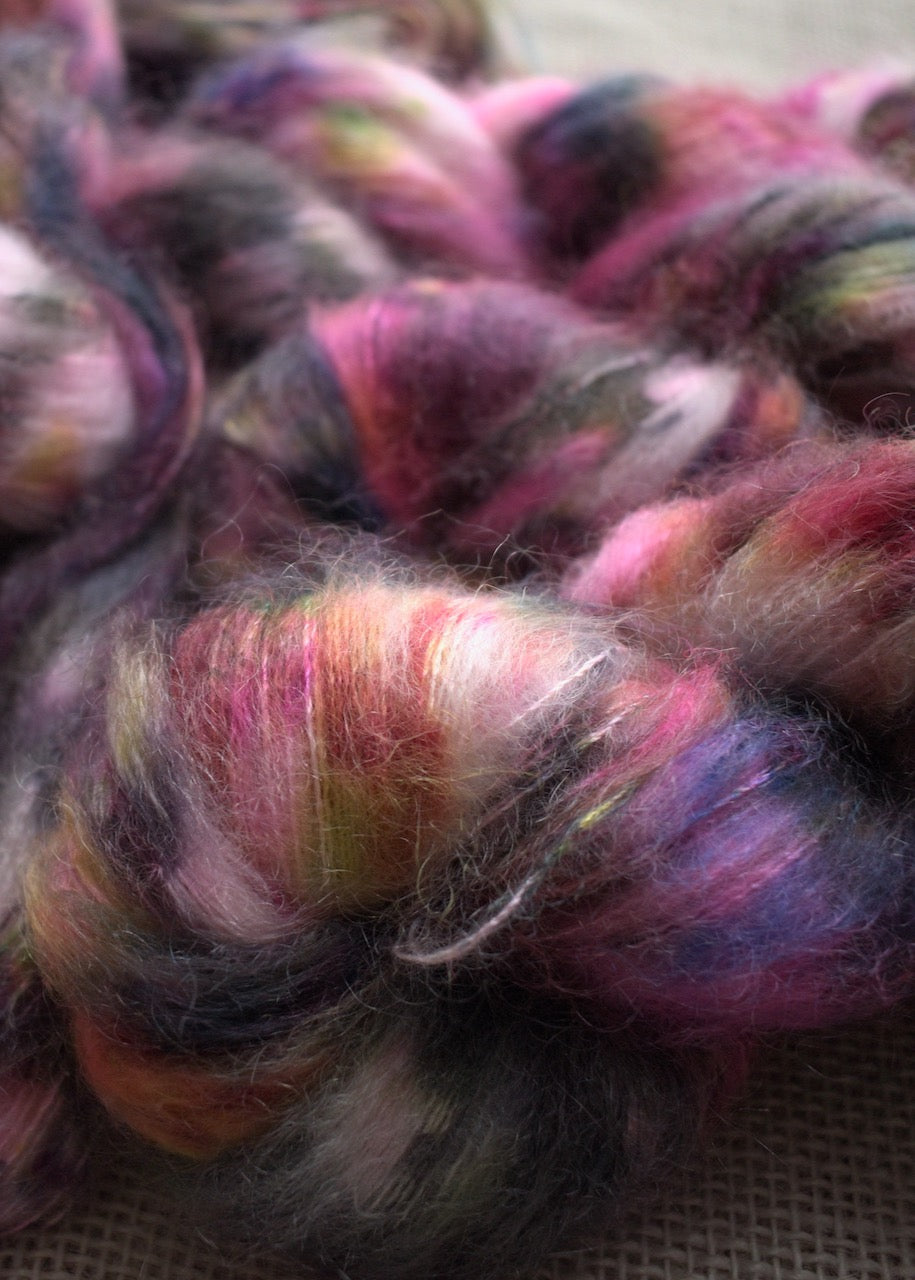 Hand dyed mohair, lace weight yarn, colour Garden Party.