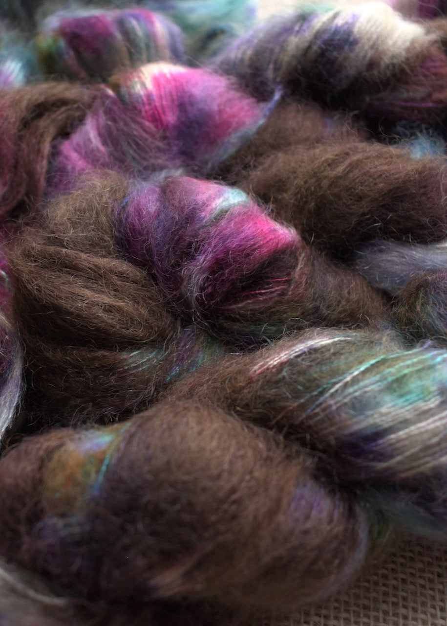 Mohair yarn hand dyed in colour Hydrangea with blue and pink.