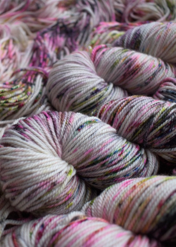 Multi colour speckled hand dyed merino cashmere yarn.