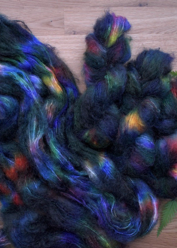 Mohair yarn hand dyed dk weight hand dyed in rainbow colours..