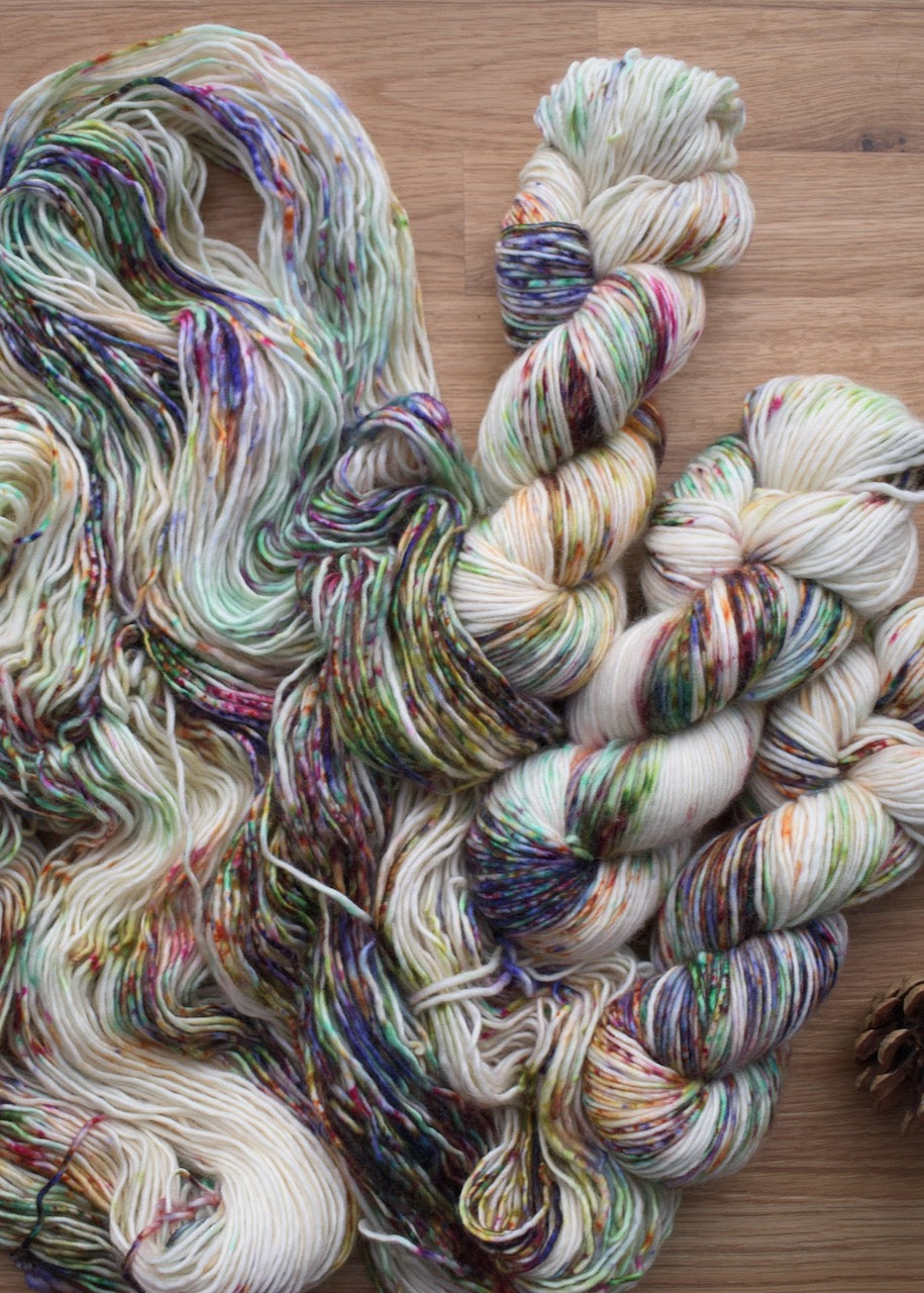 Hand dyed multi colour speckled merino worsted yarn.