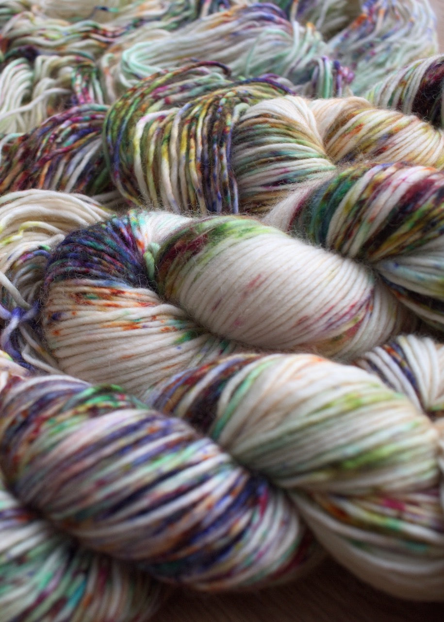 Hand dyed multi colour speckled merino worsted yarn.