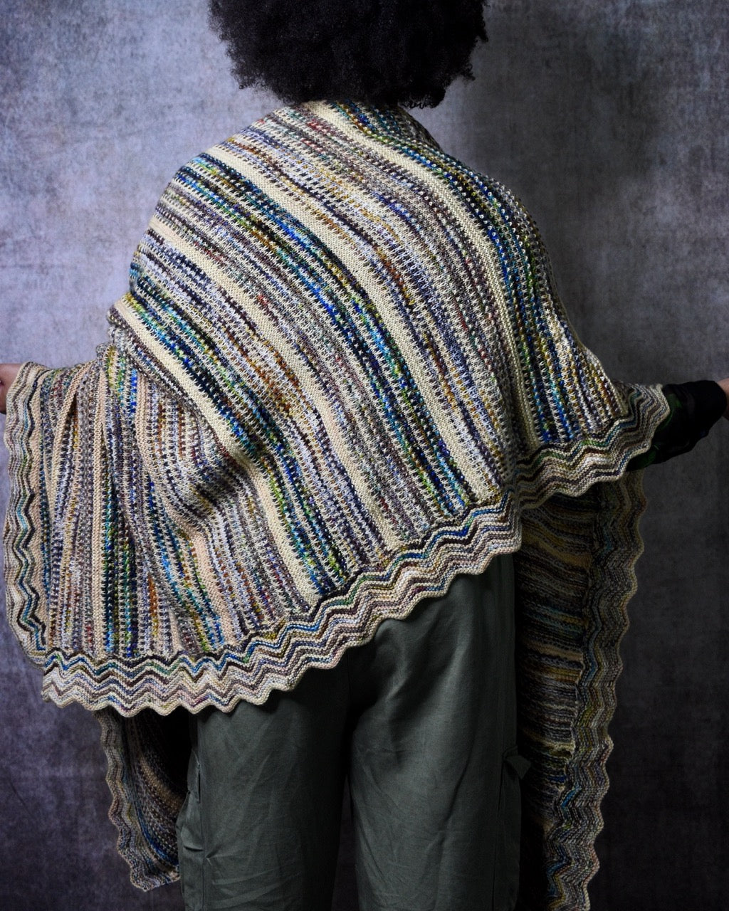 Hand knitting shawl pattern with stripe colours slip stitch design.