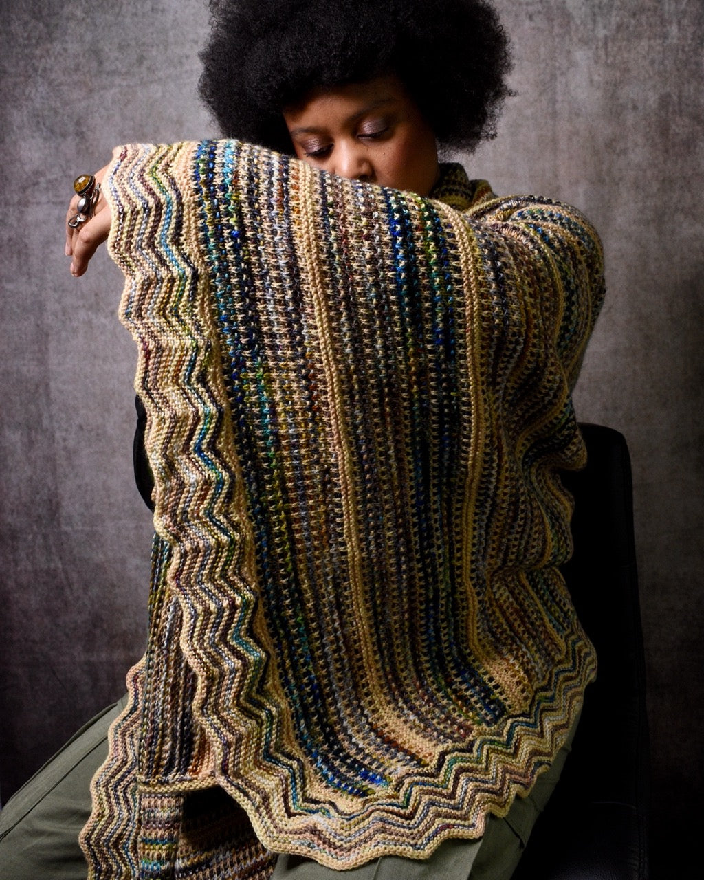 Hand knitting shawl pattern with stripe colours slip stitch design.