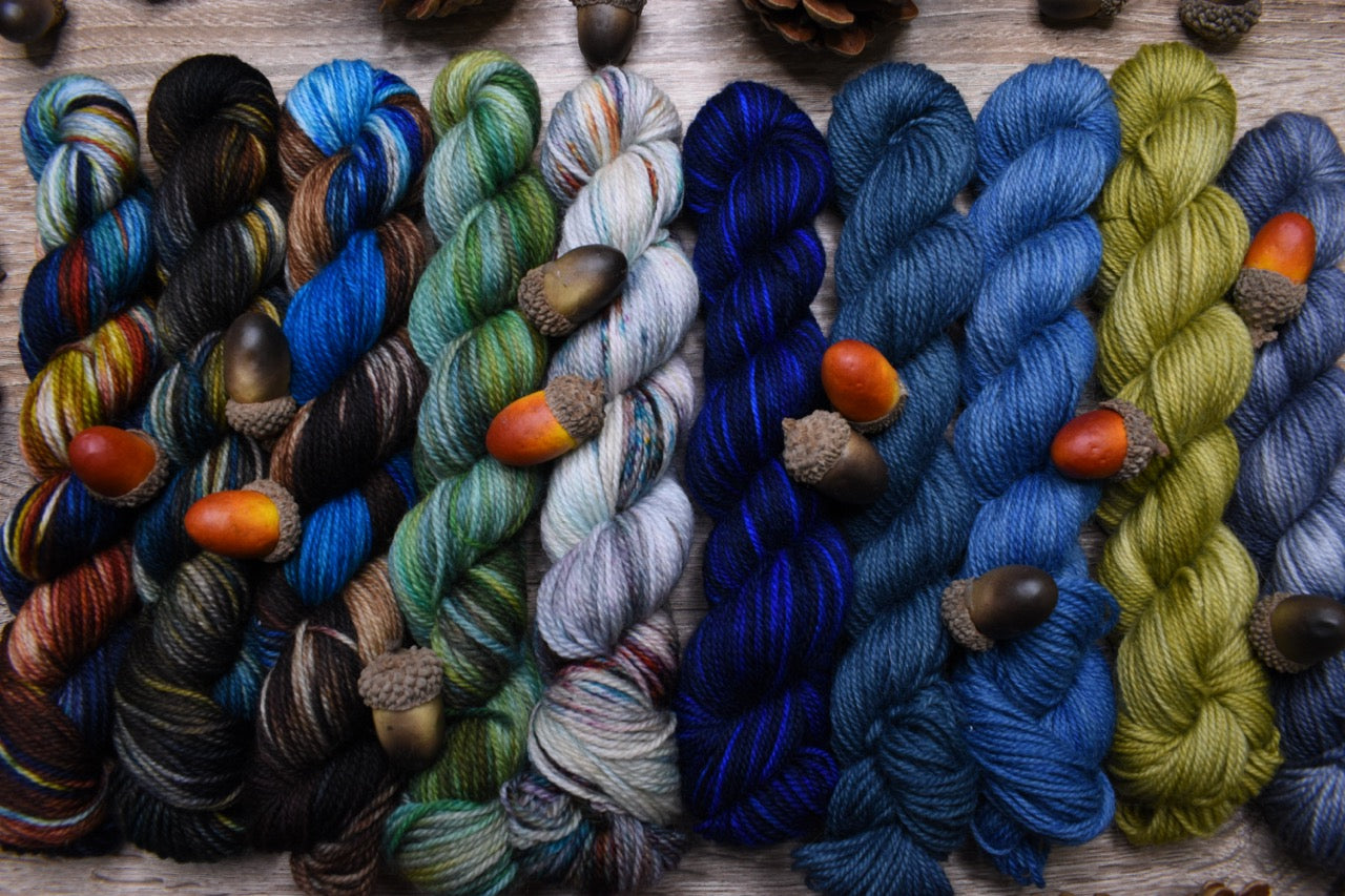 Hand dyed yarn mini skeins.