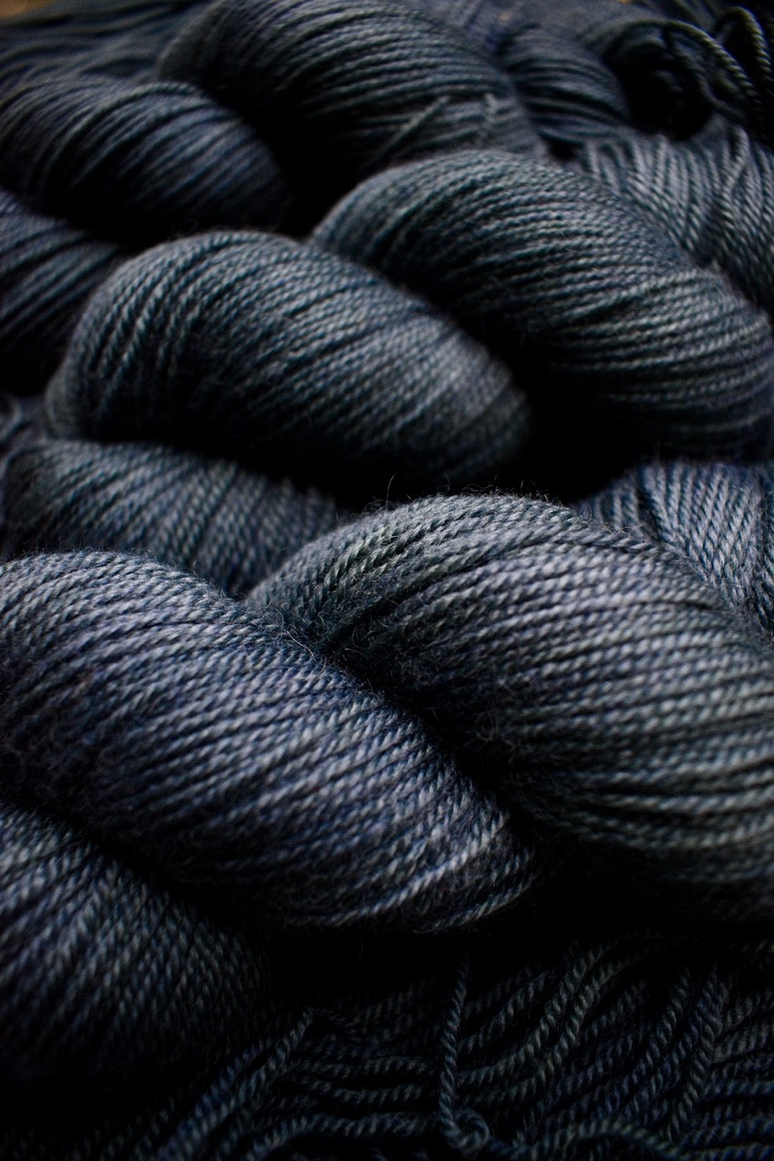 Gray, blue hand dyed bfl wool yarn.